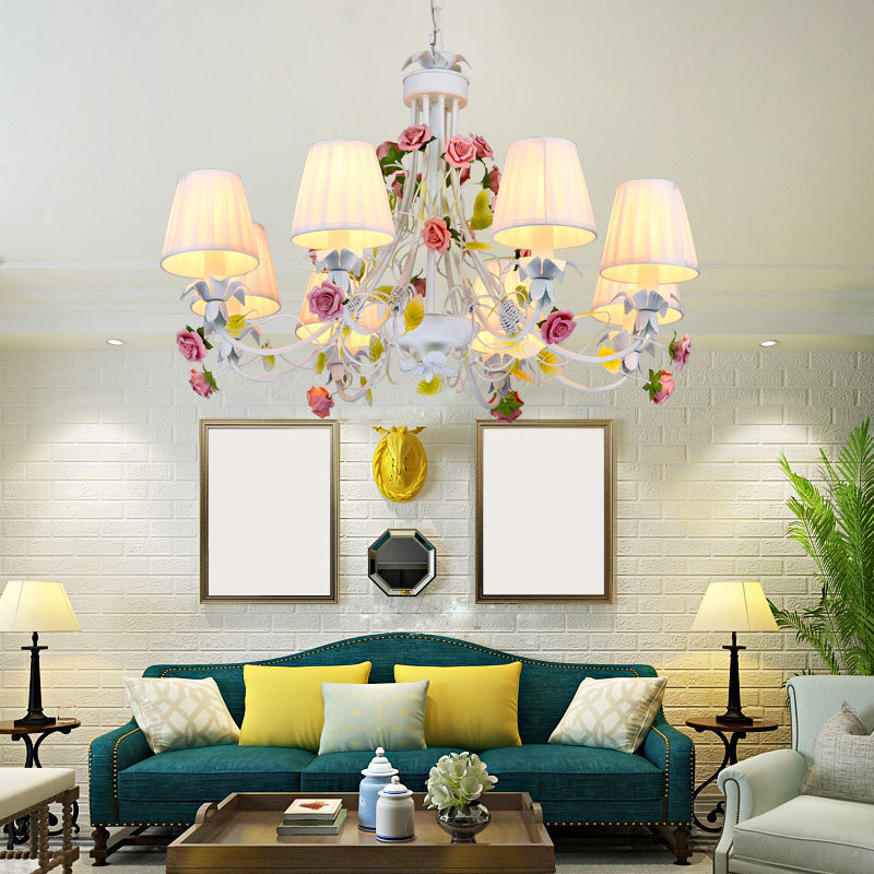 Pastoral Style Chandelier With Decorative Rose: Pleated White Fabric Hanging Light 8 /