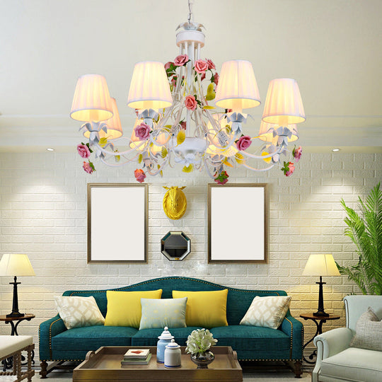 Pastoral Style Chandelier With Decorative Rose: Pleated White Fabric Hanging Light 8 /