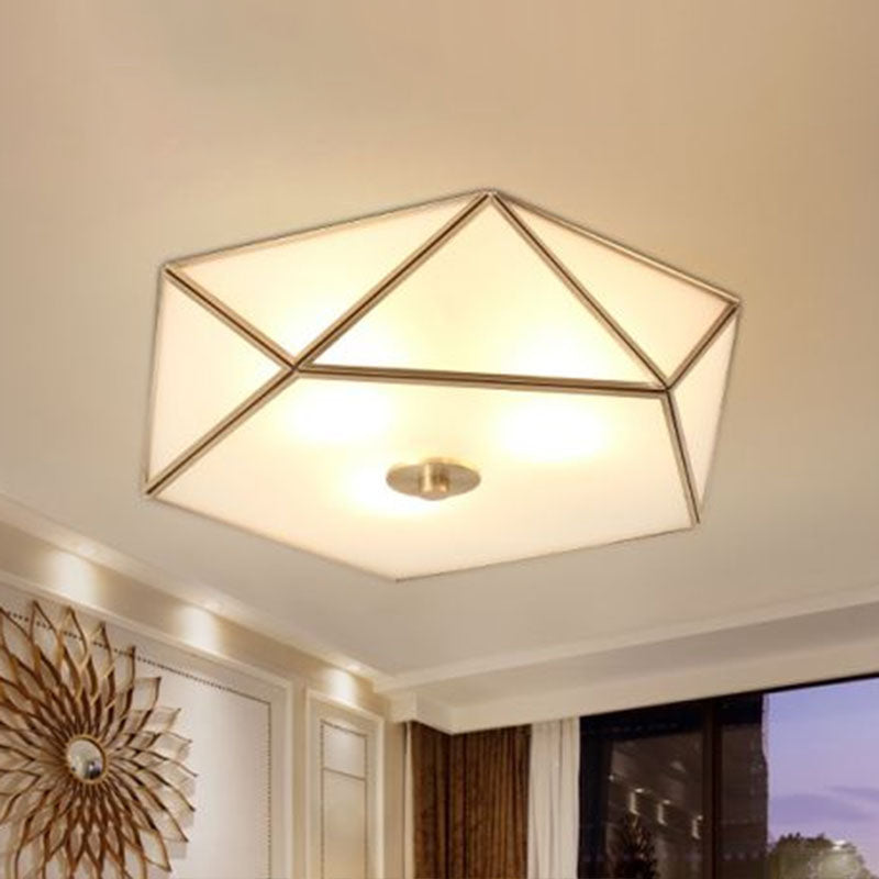 Brass Pentagonal Flushmount Ceiling Lamp: Simplicity Collection - Satin Opal Glass Flush-Mount Light