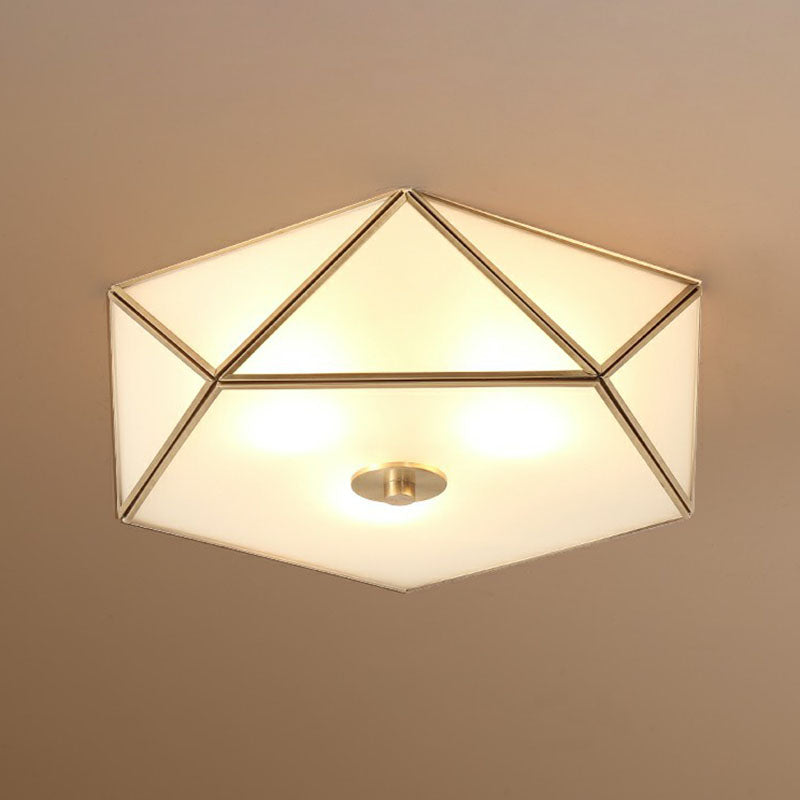 Brass Pentagonal Flushmount Ceiling Lamp: Simplicity Collection - Satin Opal Glass Flush-Mount Light