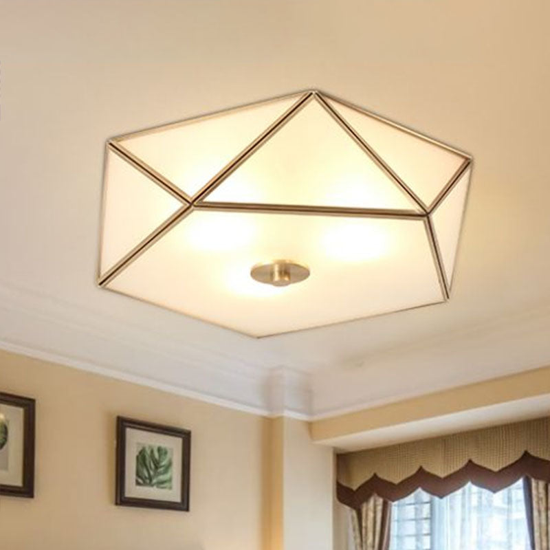 Brass Pentagonal Flushmount Ceiling Lamp: Simplicity Collection - Satin Opal Glass Flush-Mount Light