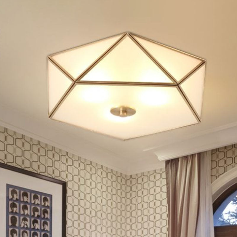 Brass Pentagonal Flushmount Ceiling Lamp: Simplicity Collection - Satin Opal Glass Flush-Mount Light