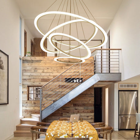 Led Acrylic Circular Stairway Chandelier - Artistic Pendant Light In White
