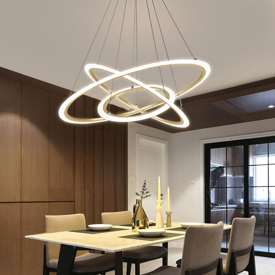Gold Led Pendant Light Fixture - Minimalist 3-Loop Shaped Metal Chandelier