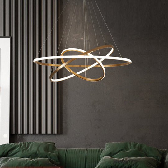 Gold Metal Led Chandelier: Modern Circular Suspension Lighting For Living Room