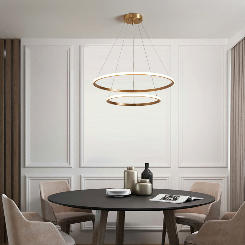 Gold Metal Led Chandelier: Modern Circular Suspension Lighting For Living Room