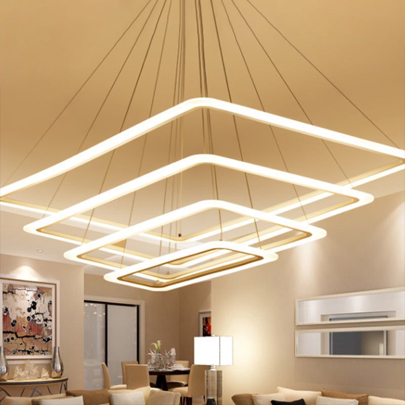 Contemporary Metallic Led Chandelier Pendant Light - Rectangular Layered Design For Living Room In