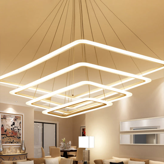 Contemporary Metallic Led Chandelier Pendant Light - Rectangular Layered Design For Living Room In