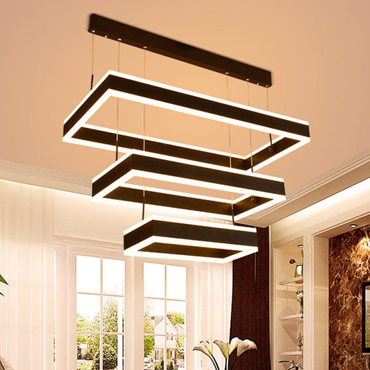 Modern Black Led Pendant Chandelier - Minimalist Tiered Rectangle Design For Living Room