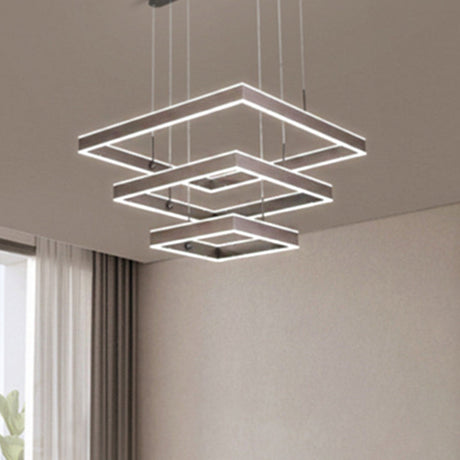 Sleek Tiered Square Chandelier Led Pendant Light In Coffee For Metallic Living Room