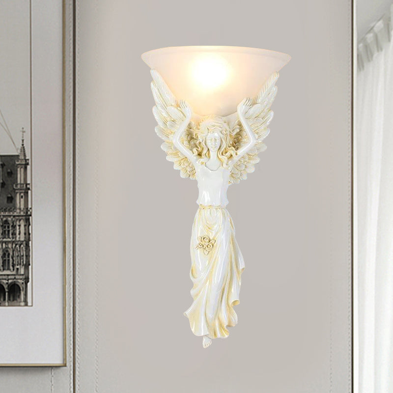 Vintage Flared Ribbed Glass Wall Lamp With Gold/White Angel Base - 1 Light Sconce White