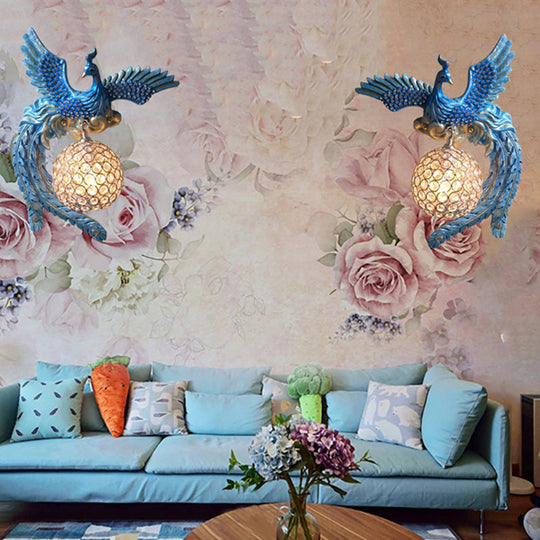 Antique Metal & Crystal Wall Sconce With Orb Design - 1-Light Living Room Lamp (White/Gold/Blue