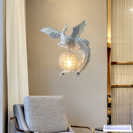 Antique Metal & Crystal Wall Sconce With Orb Design - 1-Light Living Room Lamp (White/Gold/Blue