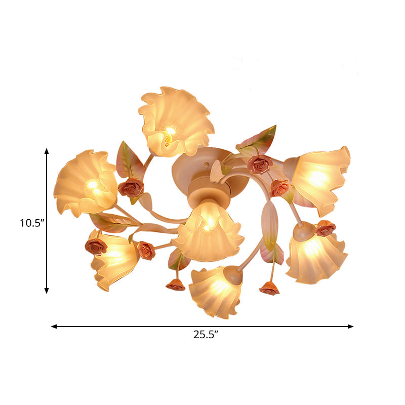 Rustic White Glass Flower Semi Flush Mount Light With 4/7 Lights - Bedroom Hanging Fixture’ Or