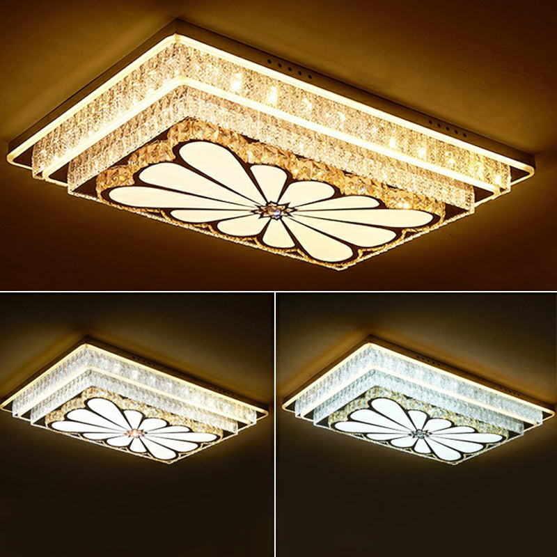Rectangle Led Clear Crystal Flush Mount Ceiling Light For Modern Living Rooms