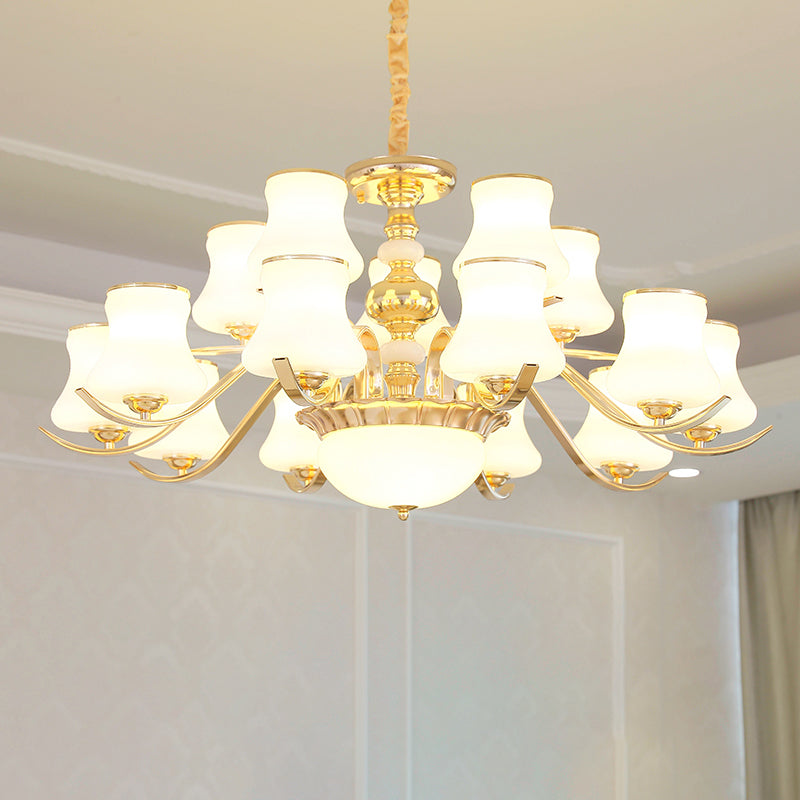 Opal Glass Bedroom Chandelier With Gold Plating - Hanging Lamp Light Fixture