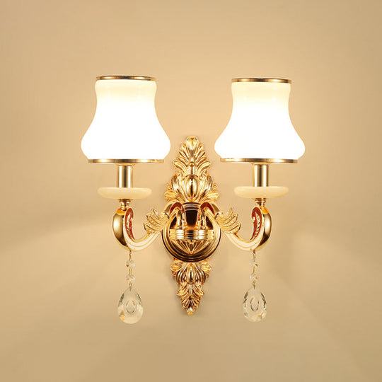 Retro Gold Flared Sconce Lamp With Crystal Droplet - Milk Glass Wall Mount Light 2 /