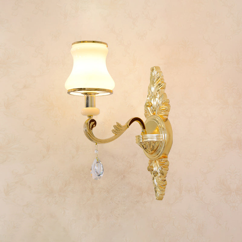 Gold Carved Arm Wall Sconce Light - Traditional Metal Bedroom With White Lampshade 1 / B
