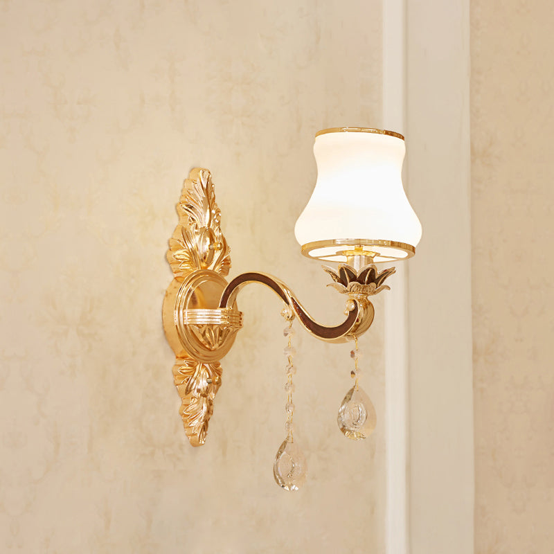 Gold Carved Arm Wall Sconce Light - Traditional Metal Bedroom With White Lampshade 1 / D