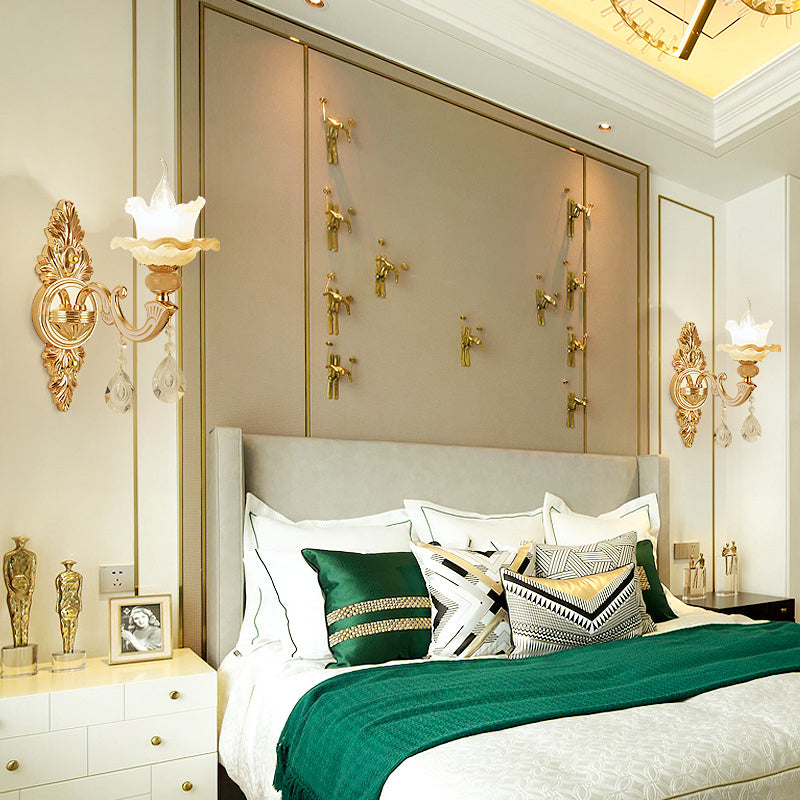 Vintage Gold Frosted Glass Lotus Wall Sconce For Living Room Lighting