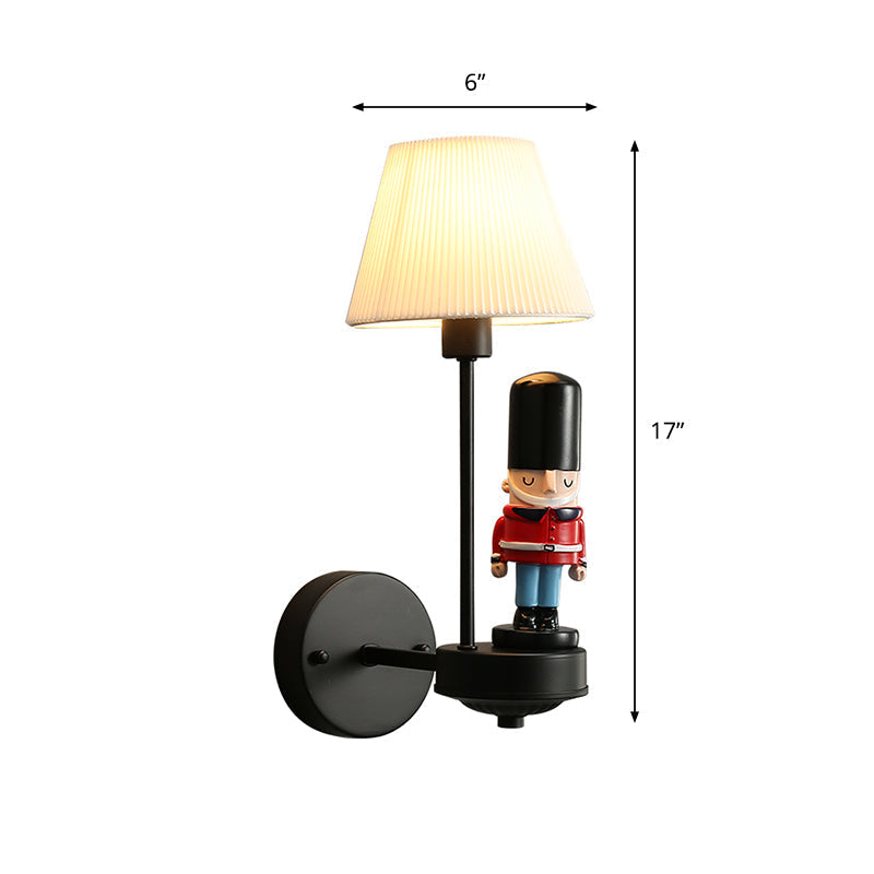 Tapered Wall Sconce Lamp: Pleated Fabric Cartoon Design With Soldier Decoration Black