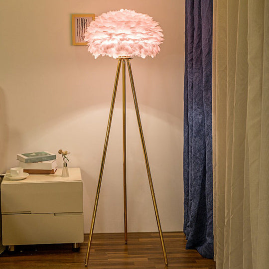 Nordic Style Feather Dome Bedside Floor Lamp - Brass Tripod 1 Head