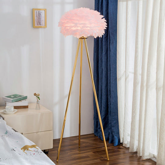 Nordic Style Feather Dome Bedside Floor Lamp - Brass Tripod 1 Head