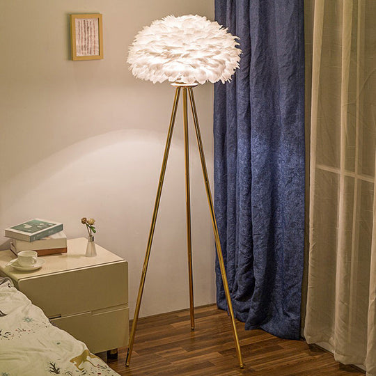 Nordic Style Feather Dome Bedside Floor Lamp - Brass Tripod 1 Head