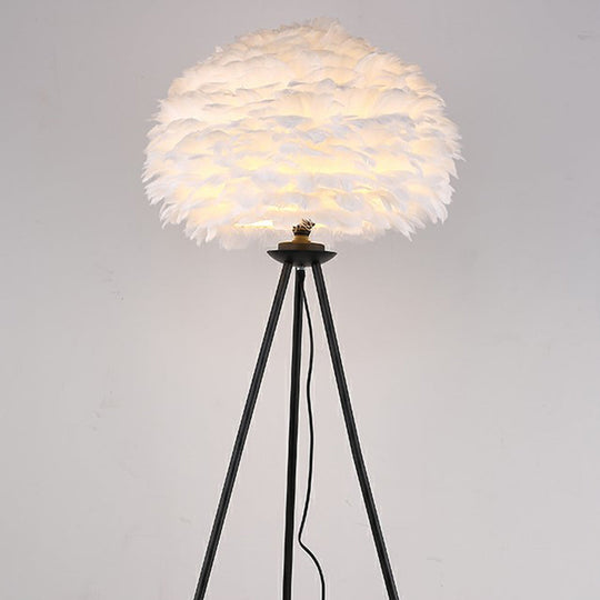 Minimalist Black-White Floor Lamp With Feather Dome Shade - 1-Light Living Room Stand Up Light Black