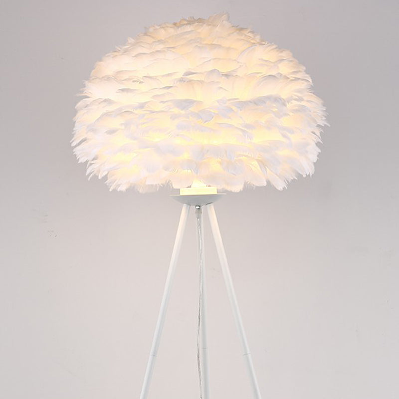 Minimalist Black-White Floor Lamp With Feather Dome Shade - 1-Light Living Room Stand Up Light White