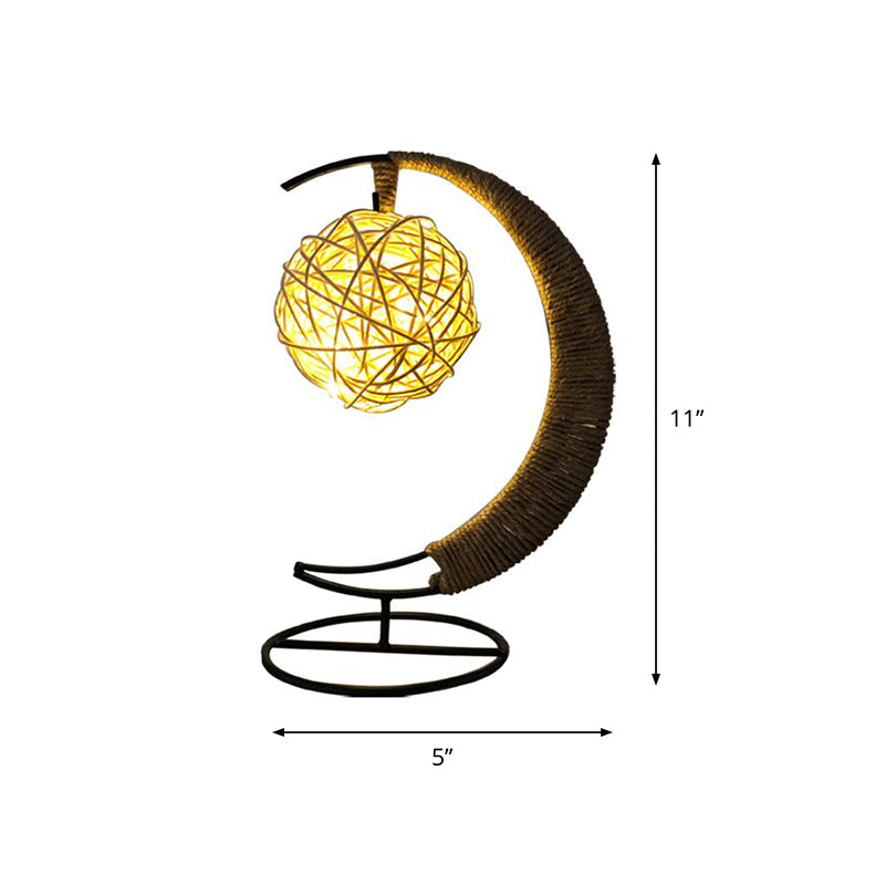 Hemp Rope Moon And Ball Table Lamp - Artistic Battery Operated Led Night Light In Black