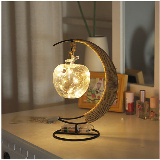 Hemp Rope Moon And Ball Table Lamp - Artistic Battery Operated Led Night Light In Black