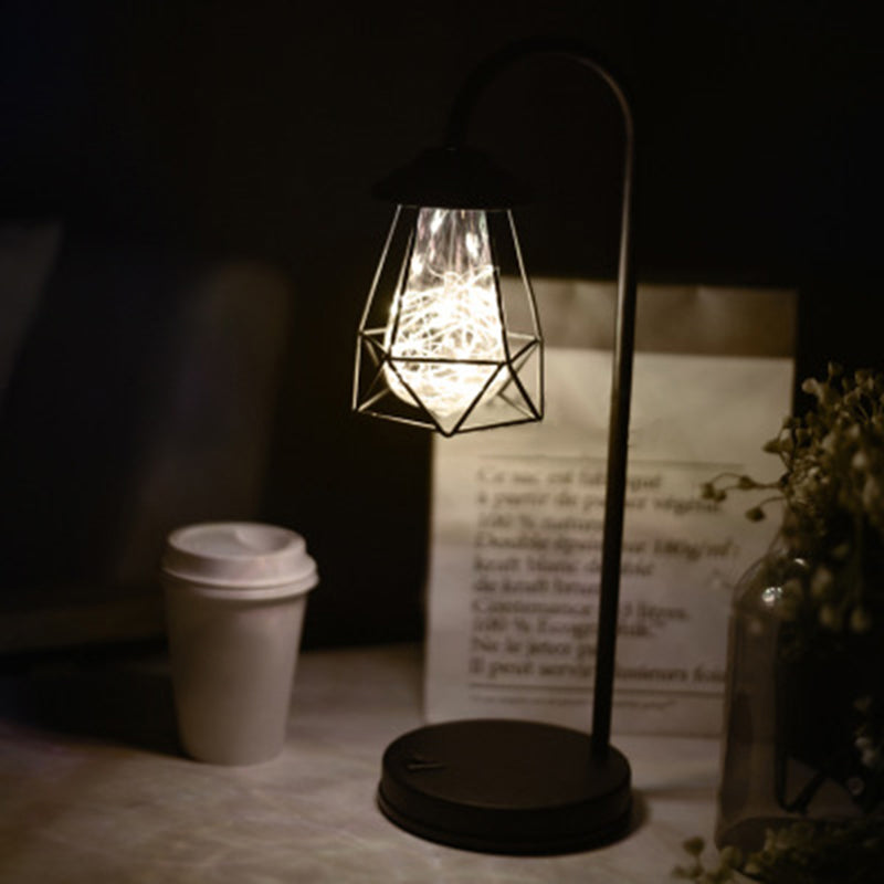 Black Metal Led Gooseneck Table Lamp With Retro Style Wire Cage