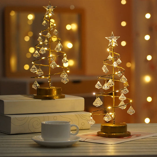 Gold Finish Christmas Tree Led Night Lamp With Acrylic Crystals - Battery Operated Table Light