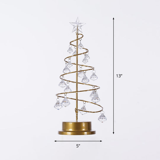 Gold Finish Christmas Tree Led Night Lamp With Acrylic Crystals - Battery Operated Table Light