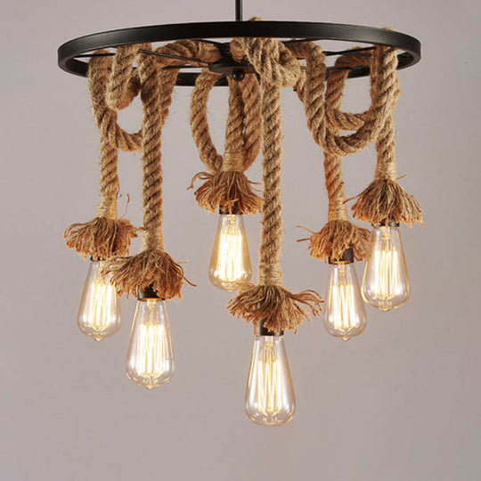 Rustic 6-Light Chandelier With Brown Open Bulb Design - Restaurant Hanging Lamp