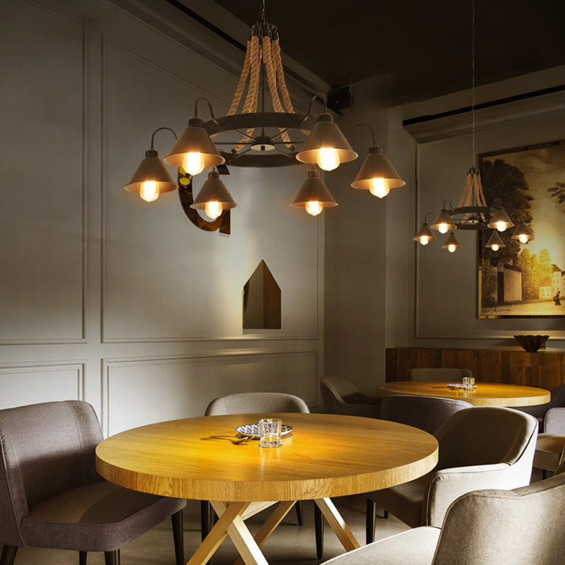 Industrial Black Iron Chandelier With Conical Shape Wheel And Hemp Decoration