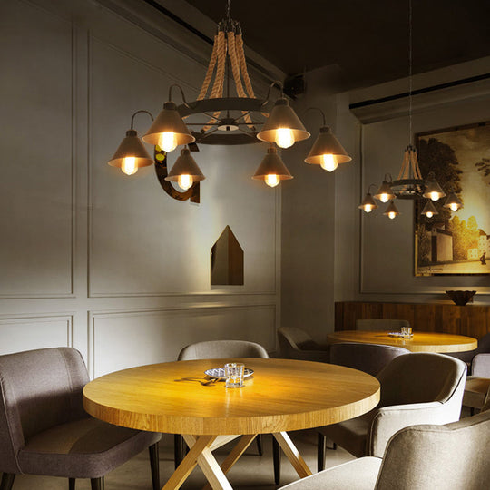 Industrial Black Iron Chandelier With Conical Shape Wheel And Hemp Decoration