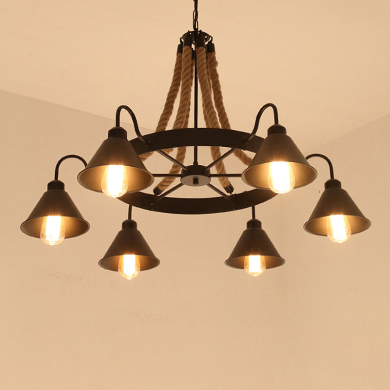 Industrial Black Conical Chandelier - Stylish Iron Suspension Lighting With Wheel And Hemp Detail 6