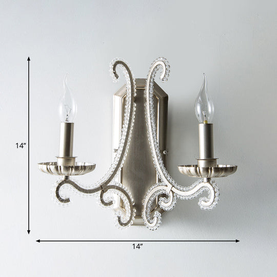 Silver Crystal Beaded Wall Lighting Fixture: Elegant Rustic Candlestick Lamp For Corridor 2 /