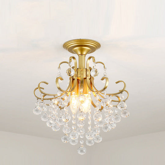 Vintage Swirl Metal Semi - Flush Ceiling Lighting With Crystal Orbs (3 Bulbs) Gold