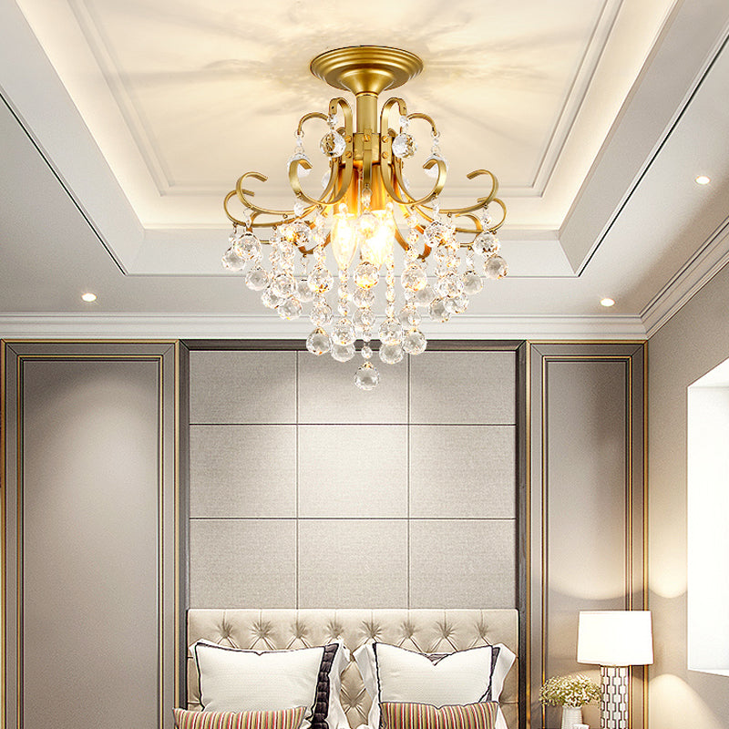 Vintage Swirl Metal Semi-Flush Ceiling Lighting With Crystal Orbs (3 Bulbs)