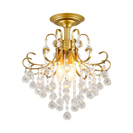 Vintage Swirl Metal Semi-Flush Ceiling Lighting With Crystal Orbs (3 Bulbs)
