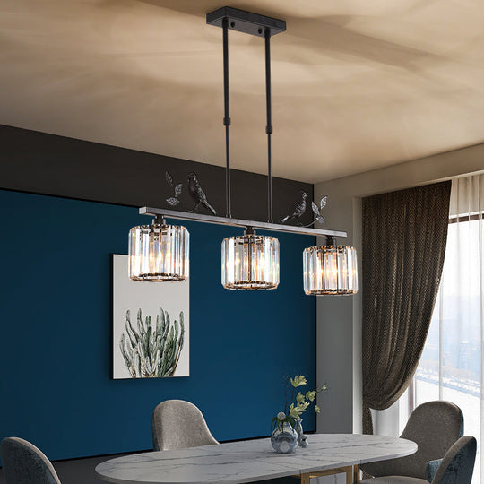 Rustic 3-Head Cylindrical Crystal Island Lighting For Dining Room With Bird And Leaf Decor