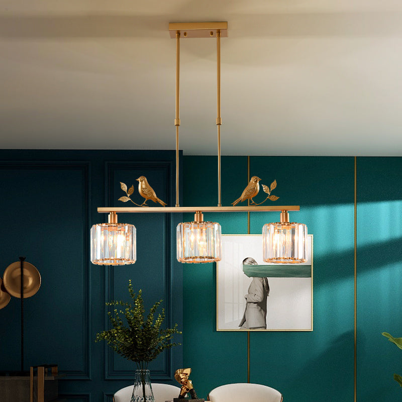 Rustic 3-Head Cylindrical Crystal Island Lighting For Dining Room With Bird And Leaf Decor