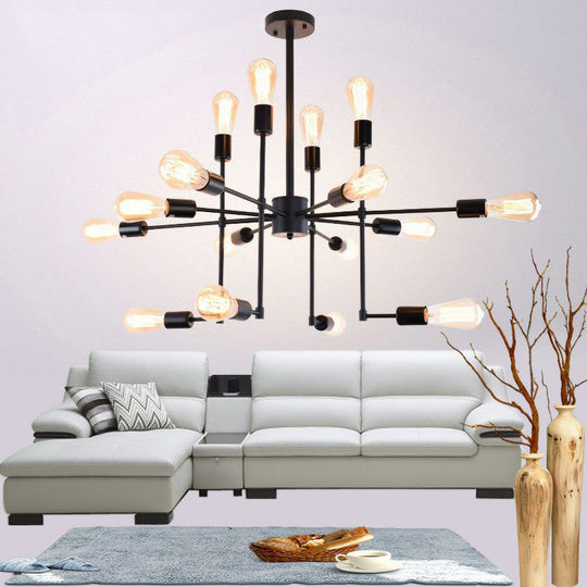 Industrial Style 4-Sided Chandelier – 16 Bulbs Black Metal - Ideal For Living Room Ceiling