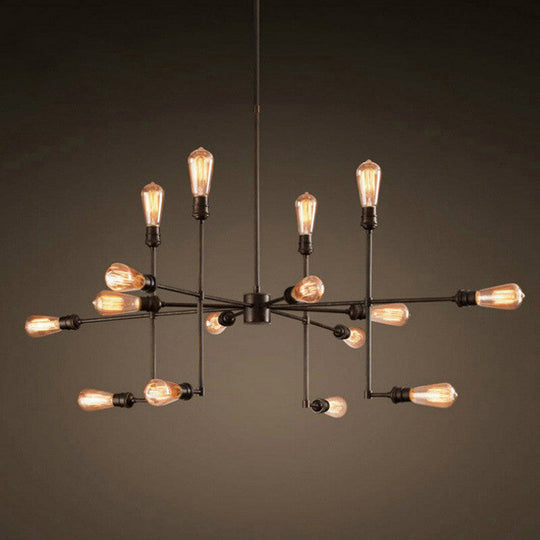 Industrial Style 4-Sided Chandelier – 16 Bulbs Black Metal - Ideal For Living Room Ceiling