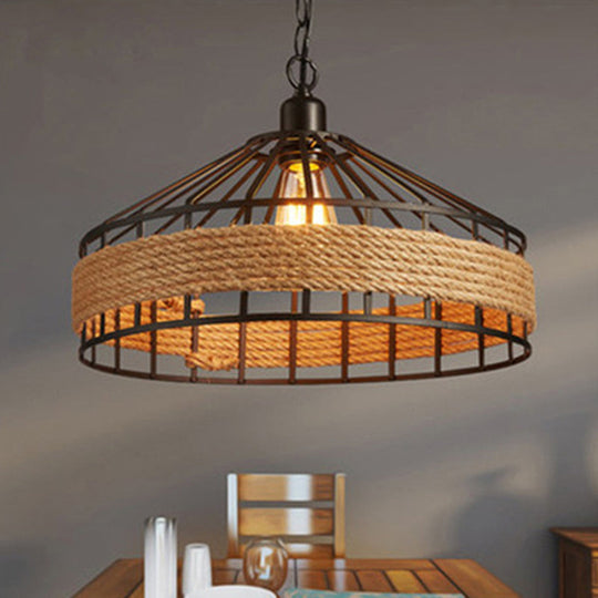 Black Yurt Loft Hemp Rope Pendant Ceiling Lamp - 1 Bulb Hanging Light For Dining Room