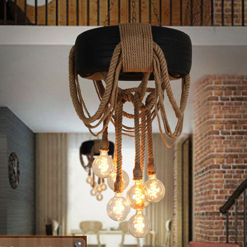 Loft Style Tyre Rope Chandelier With 6 Bare Bulb Pendant Lights