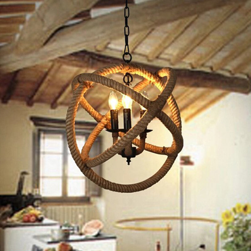 Globe Pendant Chandelier With Hemp Rope Accent - White Orbit Design 3-Bulb Ceiling Light For